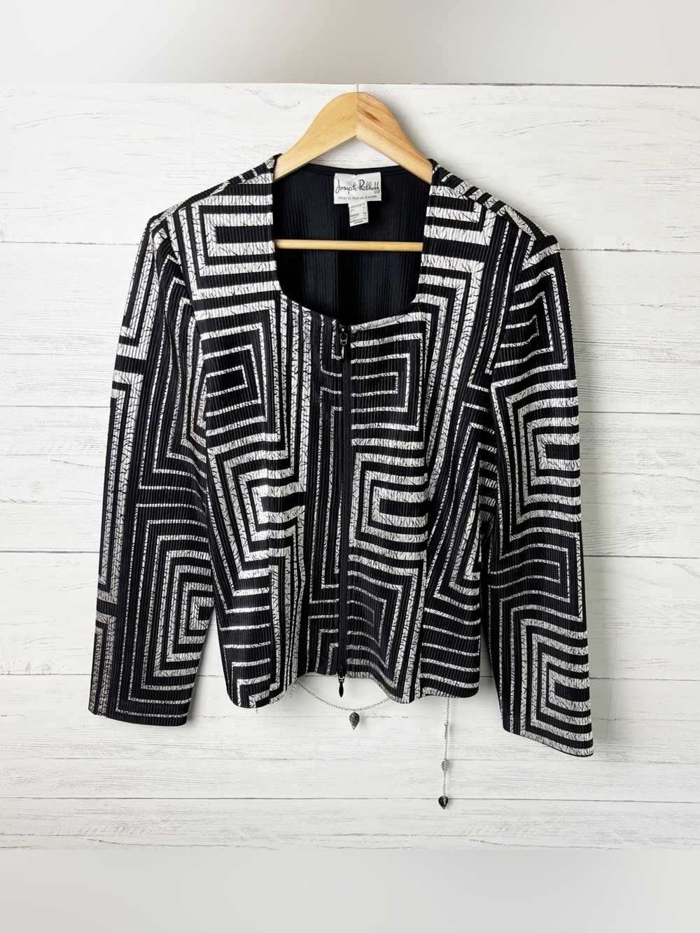 Joseph Ribkoff ZipUp Cocktail Jacket Black & Silver Geometric Print Chain Detail